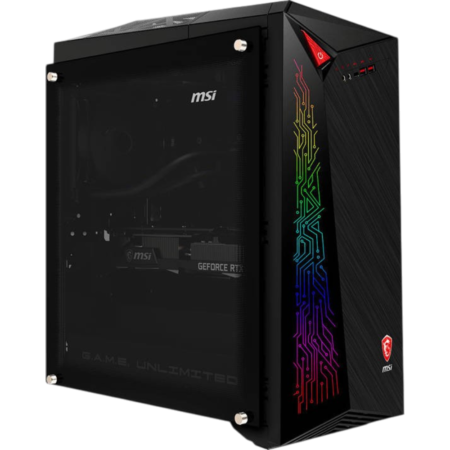 Black MSI gaming PC tower with a tinted side panel and rainbow RGB circuit design on the front panel.