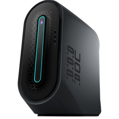 Black gaming PC tower with a teal vertical LED strip on the front panel