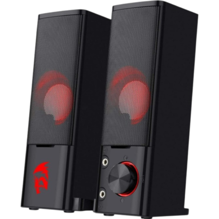 Pair of black stereo computer speakers with red accents; visible red logo on the left unit and a red-rimmed volume knob on the right unit.