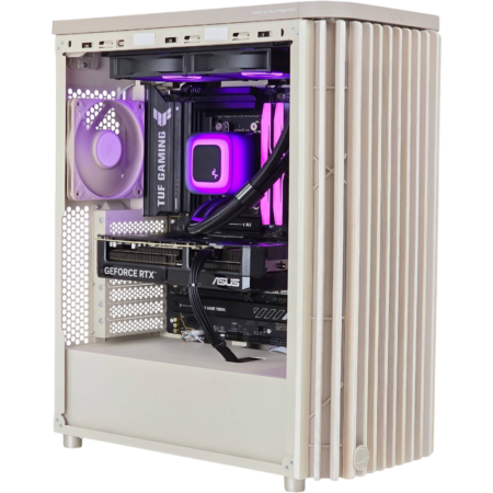 Open-side view of a beige gaming PC with purple internal lighting, showing a GeForce RTX graphics card, ASUS motherboard, and a purple-lit CPU cooler.