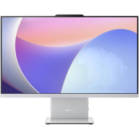 Lenovo all-in-one desktop monitor on a silver ribbed stand.