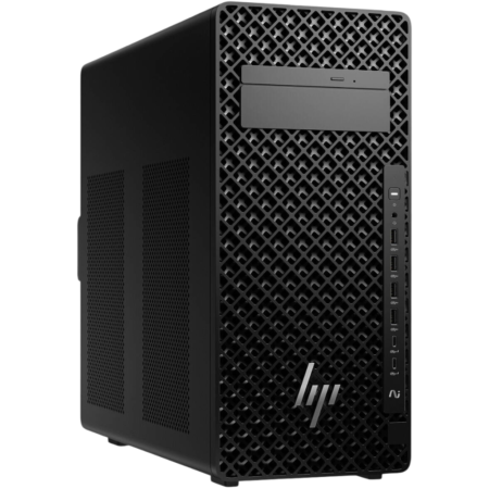 HP tower server with a diamond-mesh front grille, optical drive bay, and multiple USB ports on the right side.