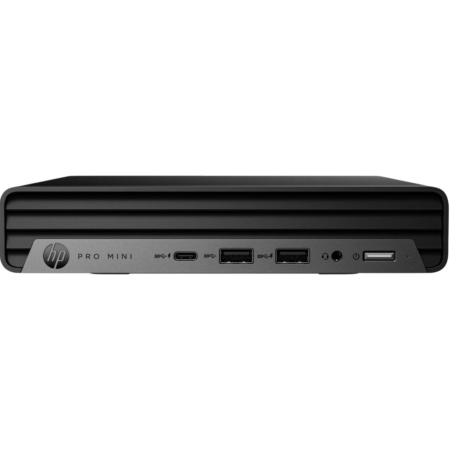 Front view of an HP Pro Mini desktop: two USB ports, headphone jack, power button, and a slim optical drive on the right. A matte gray front panel with HP logo is visible against a black background.
