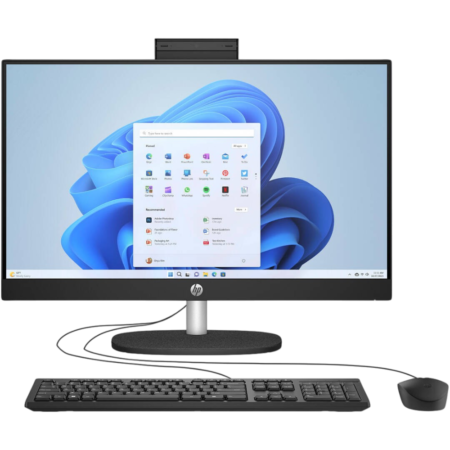 HP monitor with a top-mounted webcam, plus keyboard and mouse in front on a desk