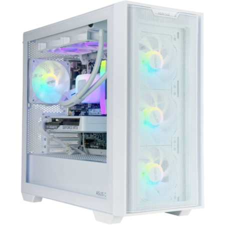 White mid-tower gaming PC with a transparent side panel, RGB-lit interior, three front RGB fans, and a GeForce RTX GPU visible