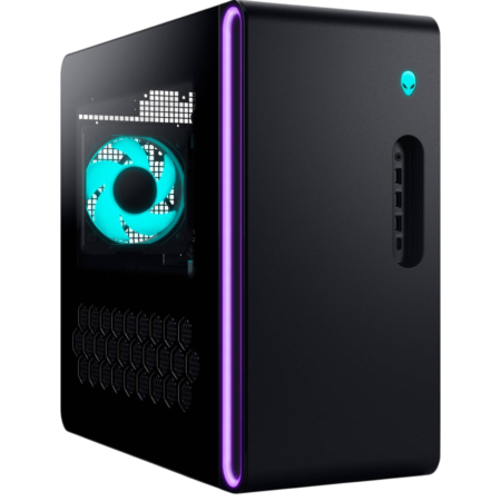 Black gaming PC case with a translucent side panel showing teal-lit cooling fan and internal components; purple LED strip along the front edge.