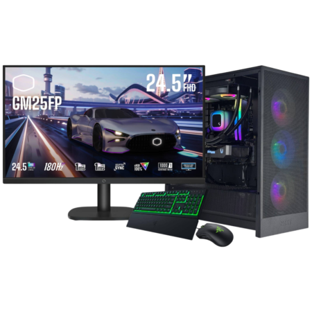 Gaming setup featuring a 24.5-inch monitor showing a racing scene, desktop PC with RGB lighting, and a green-lit keyboard and mouse.
