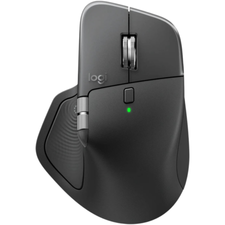 Ergonomic wireless mouse in dark gray with vertical design, textured thumb rest, silver scroll wheel, and a green LED indicator.