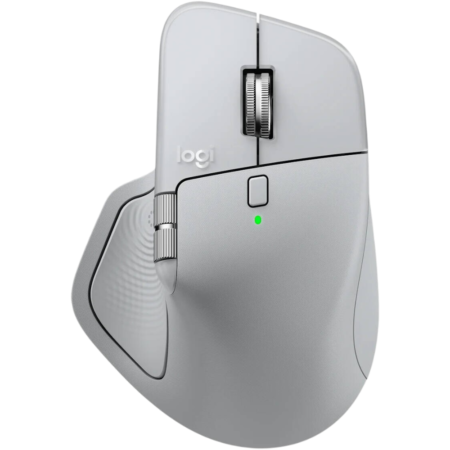 Logi wireless computer mouse in light gray with green LED indicator near the center button and sculpted thumb rest.