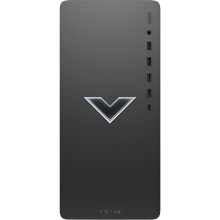 Dark gray desktop tower with a glowing V logo in the middle, several USB ports along the right edge, and 'VICTUS' at the bottom.