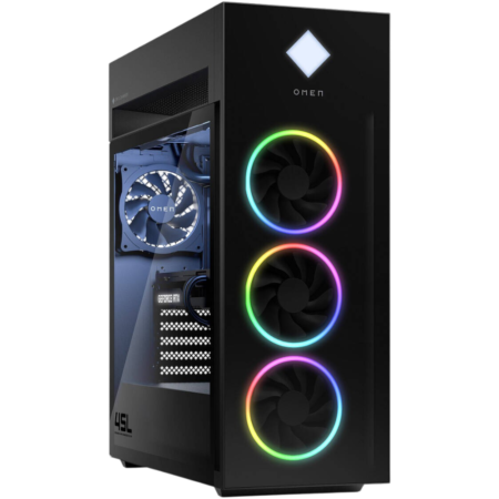 Black OMEN gaming PC tower with three front RGB-lit cooling fans