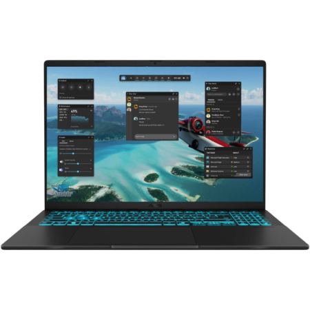 Black laptop with glowing blue keyboard showing multiple floating windows over a tropical island wallpaper (gaming/desktop UI).