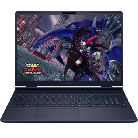 Alienware gaming laptop open with Sonic the Hedgehog: Shadow Generations game scene on screen, blue backlit keyboard visible.