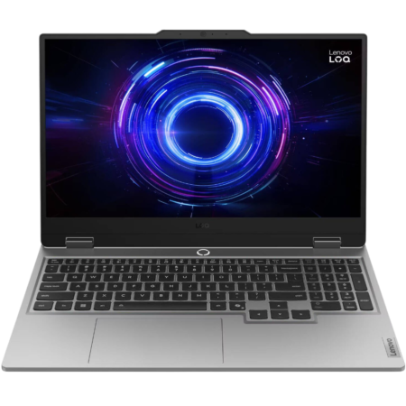 Lenovo laptop open, displaying a neon blue circular graphic on the screen.