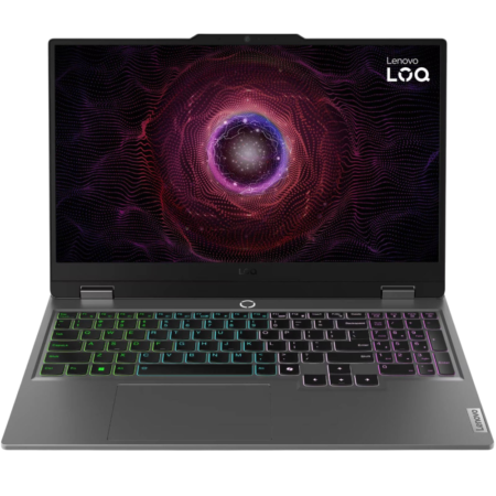 Lenovo laptop open with a multicolor RGB keyboard and a cosmic swirl wallpaper on the screen; LOQ branding in the top-right corner of the display edge.