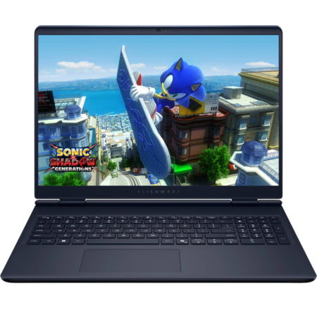 Alienware laptop displaying Sonic the Hedgehog Generations gameplay with Sonic gripping a large board over a cityscape,