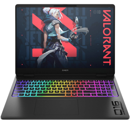 Gaming laptop with RGB backlit keyboard and Valorant artwork on screen (OMEN by HP).