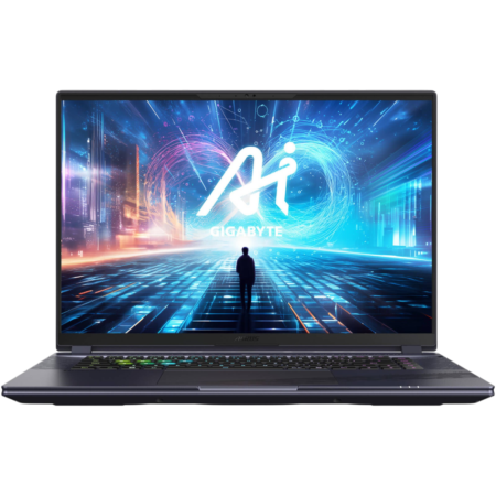 Laptop displaying a futuristic neon cityscape on the screen with a glowing logo reading GIGABYTE and a silhouetted figure walking toward it.