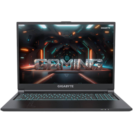 Black gaming laptop open, screen shows a neon sci-fi tunnel and the word 'GAMING' in metallic letters, turquoise backlit keyboard.
