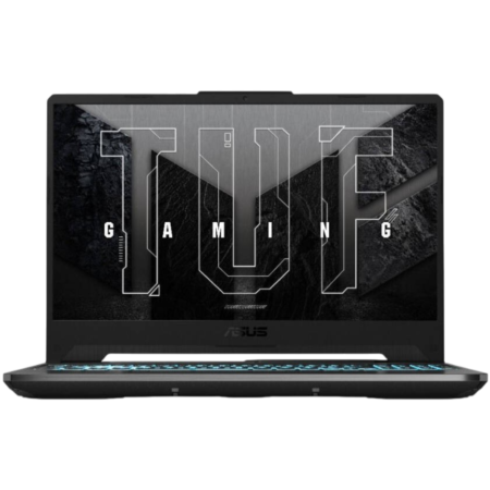 ASUS gaming laptop with a large stylized 'GAMING' graphic on the screen and a glowing blue-backlit keyboard.