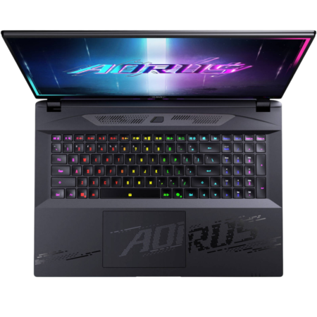 Open gaming laptop with RGB-backlit keyboard and neon-screen graphics showing the AORUS branding.
