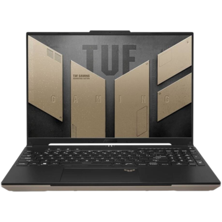 Black gaming laptop open to show keyboard and screen; screen displays a TUF Gaming design with gold panels and large TUF logo, suggesting a high-performance laptop.