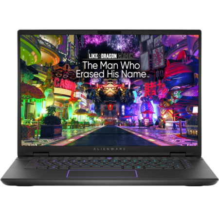 Alienware gaming laptop open, showing a vibrant neon city game scene with the title The Man Who Erased His Name on screen.