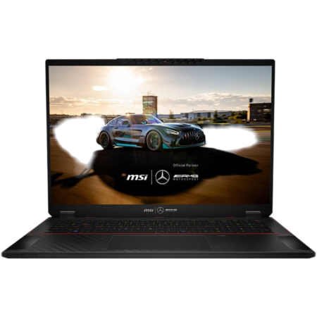 MSI gaming laptop displaying a Mercedes-AMG race car wallpaper on the screen.