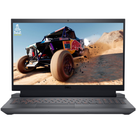 Dell laptop screen displaying a desert rally car kicking up dust on a sandy track.