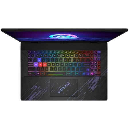Top-down view of a dark gaming laptop with a rainbow RGB keyboard glow across each key.