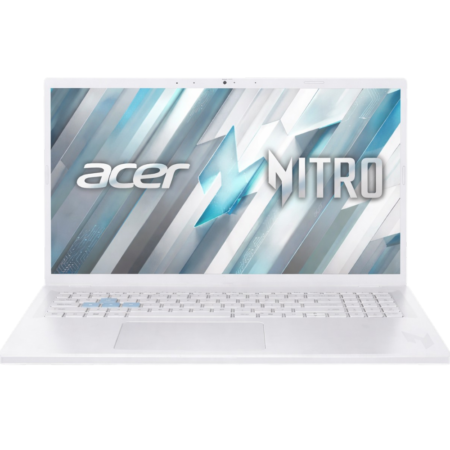 White Acer Nitro laptop open, screen displaying blue‑silver abstract wallpaper and logo