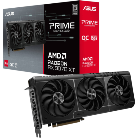ASUS Prime Radeon RX 9070 XT graphics card with three fans, shown next to its packaging.