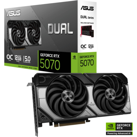 ASUS Dual GeForce RTX 5070 graphics card with dual fans and packaging box showing 'DUAL' branding and 5070 model name