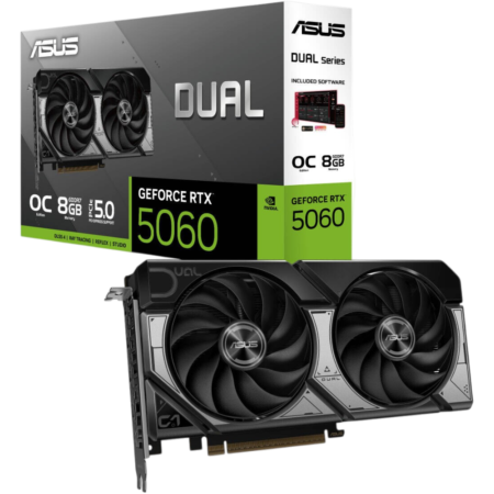 ASUS Dual GeForce RTX 5060 graphics card with dual cooling fans and retail box behind it