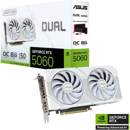 ASUS GeForce RTX 5060 graphics card with two large white cooling fans and PCIe edge connector.
