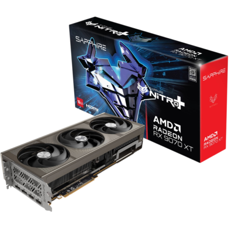 3-fan Sapphire Nitro+ AMD Radeon RX 9070 XT graphics card with retail box in background, angled for display