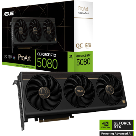ASUS ProArt GeForce RTX 5080 graphics card with three fans, black finish and gold accents, shown with packaging in background.
