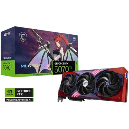 MSI GeForce RTX 5070 Ti graphics card with three fans and MLG Edition box in background, colorful artwork visible
