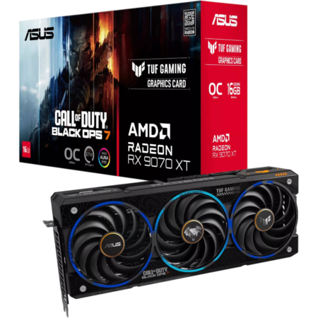 ASUS TUF Gaming RX 9070 XT graphics card with triple fans in front of red–black packaging.