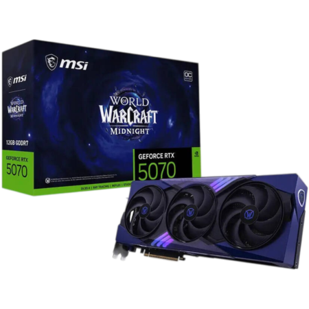 MSI GeForce RTX 5070 graphics card in front of a blue World of Warcraft Midnight box with green accents.
