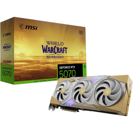 Boxed MSI World of Warcraft Midnight GeForce RTX 5070 graphics card with triple fans shown beside green-accented packaging