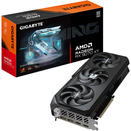 Gigabyte AMD Radeon RX 6900 XT graphics card with triple-fan cooler beside its black and orange box.