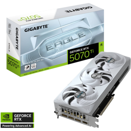 Triple-fan NVIDIA GeForce RTX 5070 Ti graphics card beside its box on a black background.