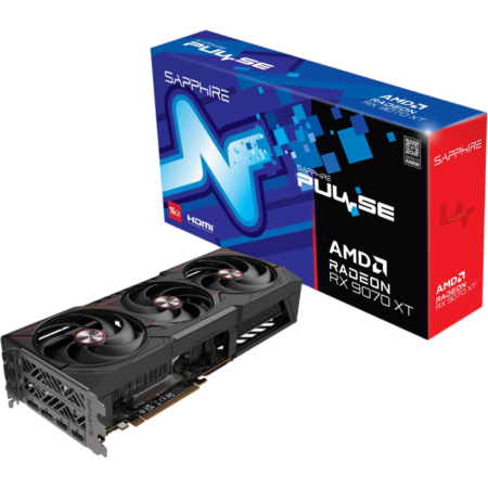Sapphire Nitro AMD Radeon RX 5700 XT graphics card with triple fans and retail box shown against a black background