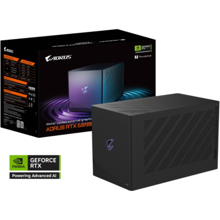 Boxed AORUS RTX 5090 graphics card with NVIDIA GeForce RTX branding, shown beside a sleek black perforated computer chassis.