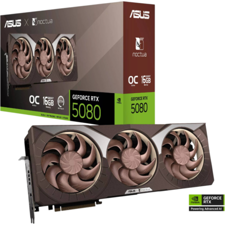 ASUS GeForce RTX 5080 graphics card with three cooling fans displayed beside its packaging.