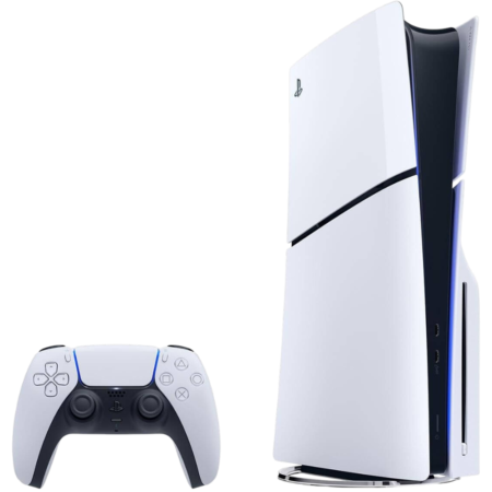 PlayStation 5 console standing upright with a matching DualSense wireless controller placed beside it, both in white and black.