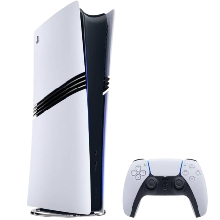 PlayStation 5 console standing upright with DualSense controller beside it, white with black vent stripe and blue accents.