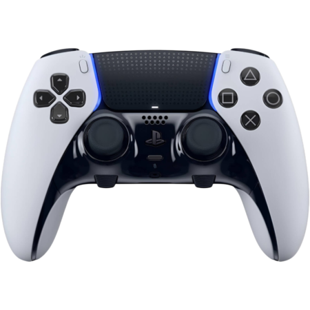 White and dark blue PlayStation 5 DualSense wireless game controller viewed from the front against a black background
