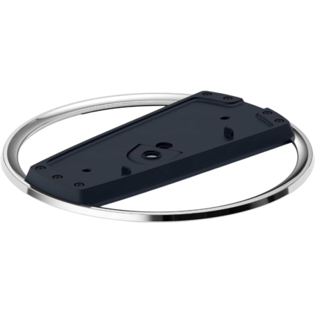 Chrome ring surrounding a dark rectangular mounting plate with screw holes; looks like a circular base or holder component.
